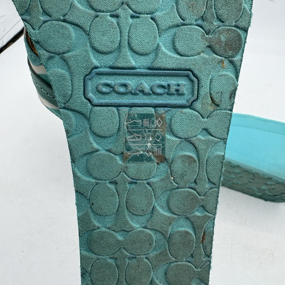 Coach Sandals Womens Size 8.5 B Jaden Wedge Heel Teal Cushioned Leather Straps - Picture 12 of 12